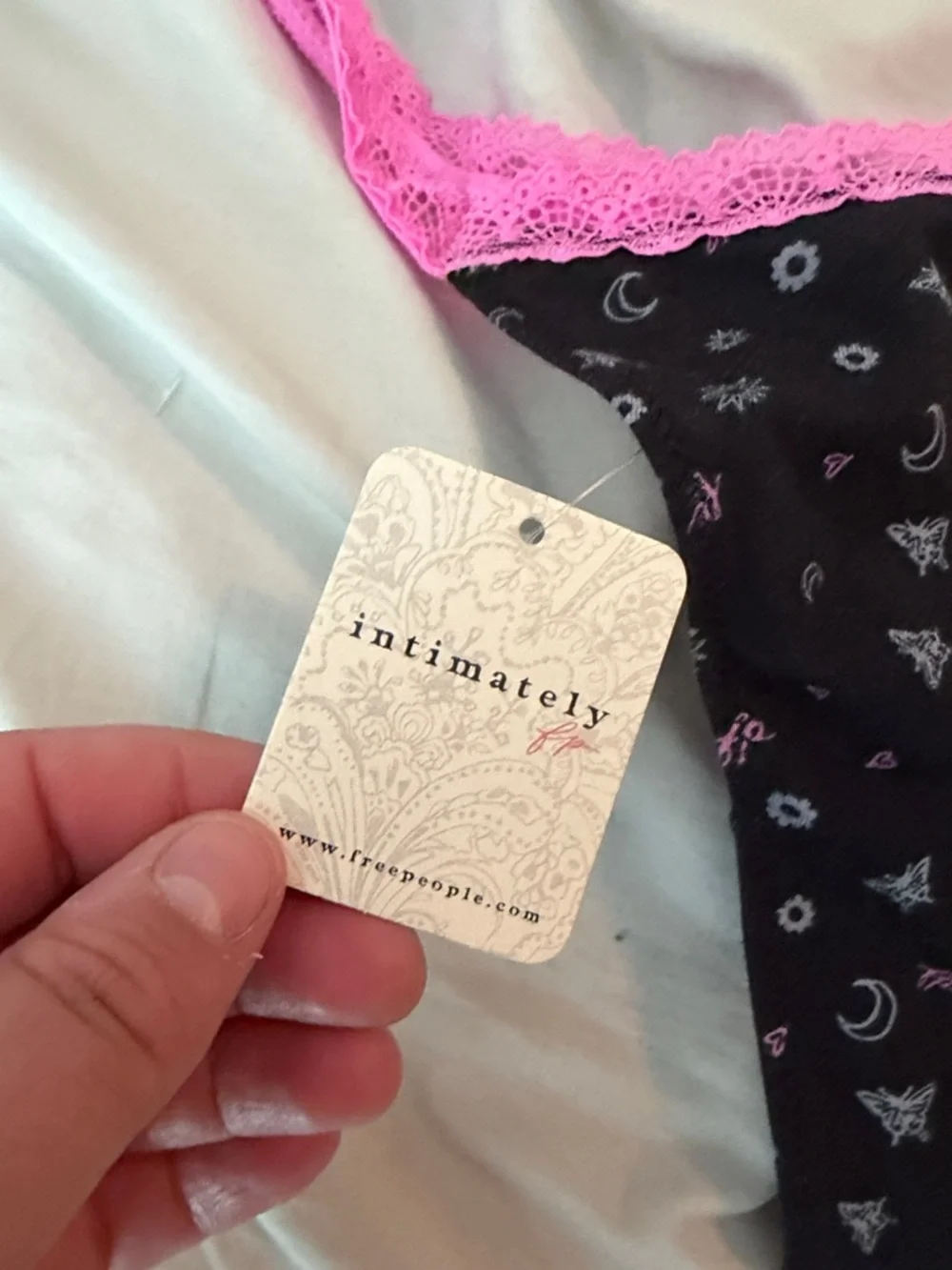 NWT free people Black & Hot Pink‎ Lace Thong with Moon Print